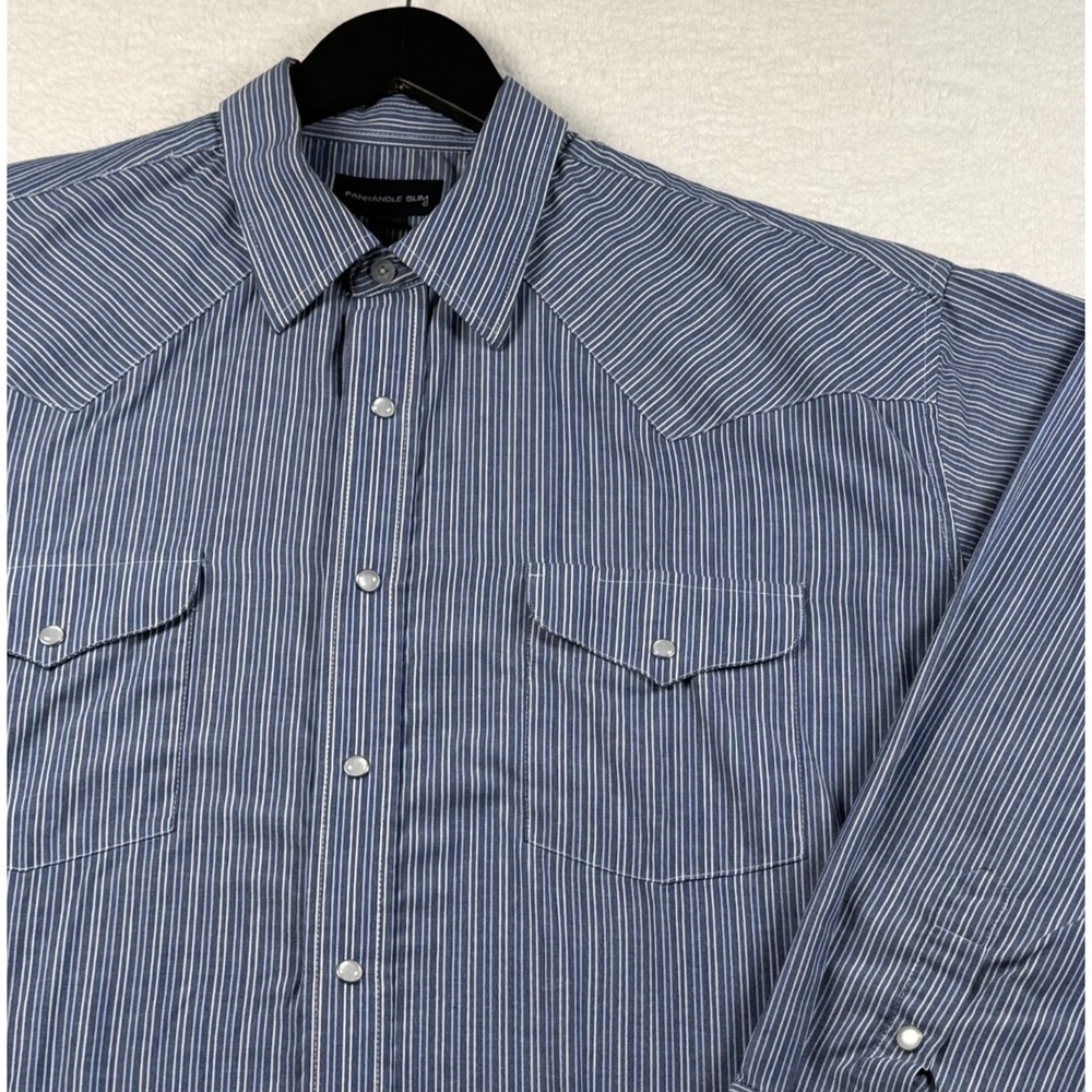 Panhandle Slim Men's Striped Pearl‎ Snap Blue Long Sleeve Shirt Size 17 35